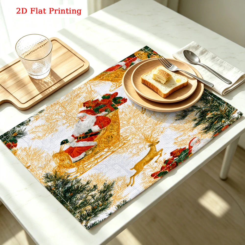 1Pc Christmas Santa Claus Sleigh Deer Print Placemat Multicolor Dining Kitchen Party Decoration 30x40cm