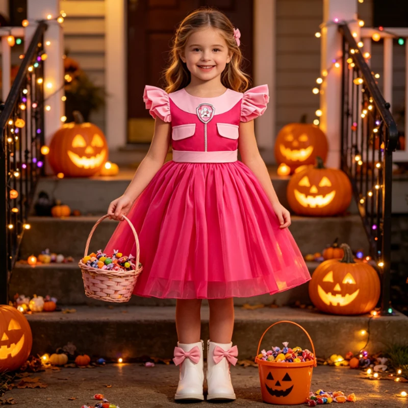 Kids Paw Dog Costume Pink Princess Dress Girls Halloween Cosplay Outfit Birthday Party Tutu Dress Fancy Carnival Costume