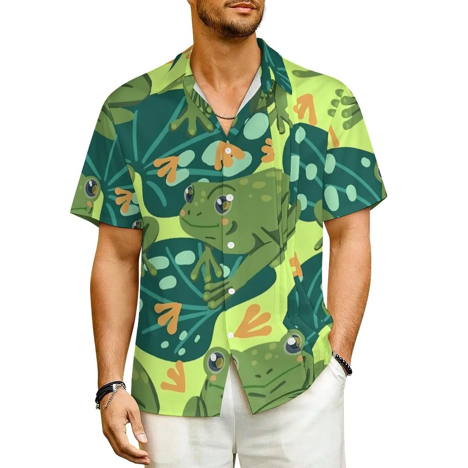 

Cute Frog Casual Shirt Water Lily Leaves Elegant Hawaiian Shirts Men Short Sleeve Vacation Y2K Funny Printed Oversize Blouses