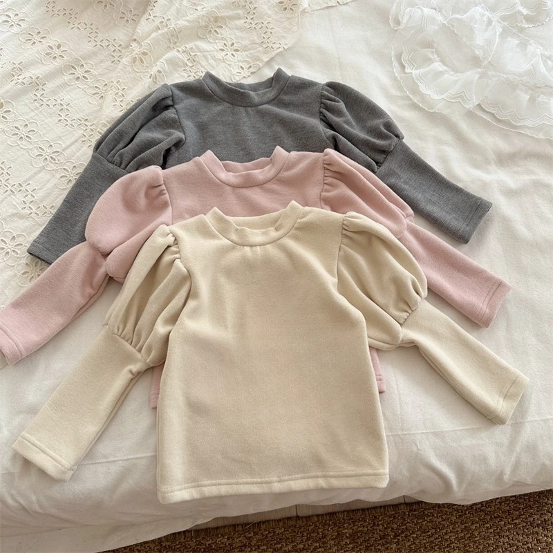 

Children T Shirt 2025 Autumn and Winter Korean Baby Girl's T Shirt Bubble Sleeve Round Neck Bottoming Shirt Tops