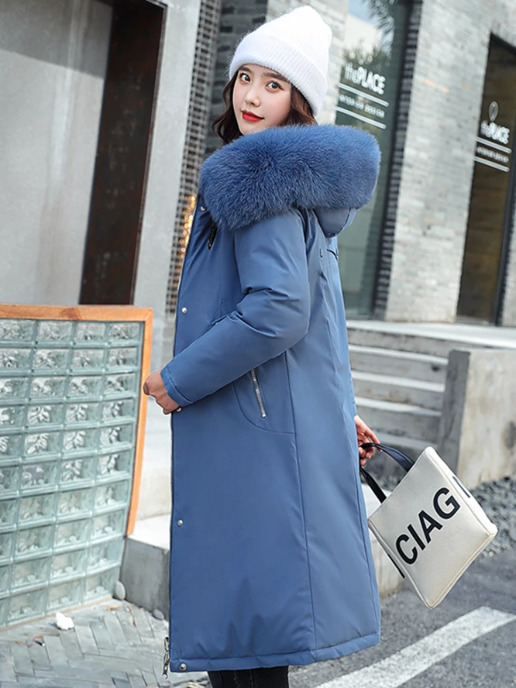 Winter Fashion Hooded Big Fur Collar Padded Long Parkas Down Cotton Warm Coat Waterproof Windbreaker Jacket Wear On Both Sides