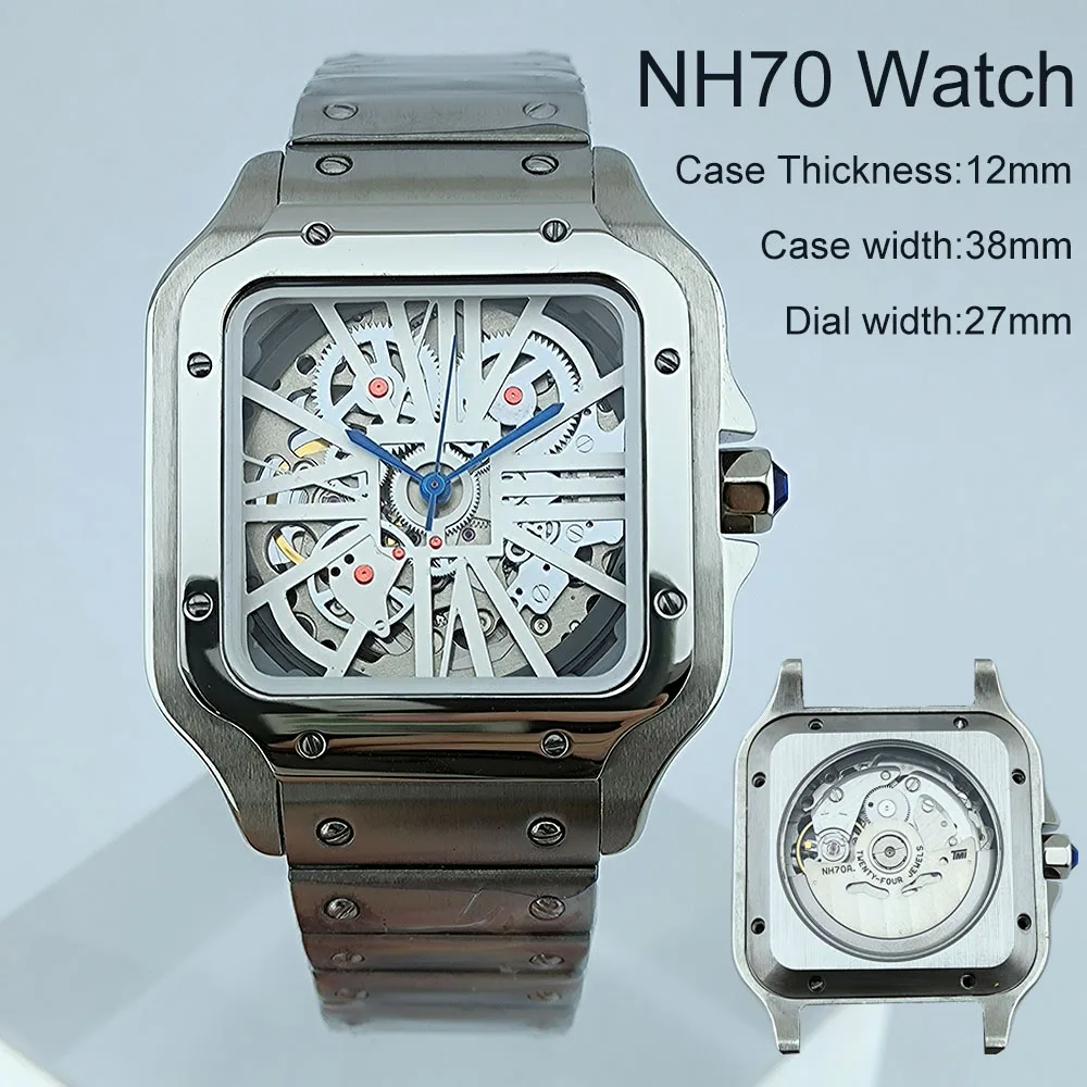 

NH70 Watch Square Dial Hollowed out Roma Dial Watch Case Folding Buckle Square Case fit NH70 movement Men's Watch