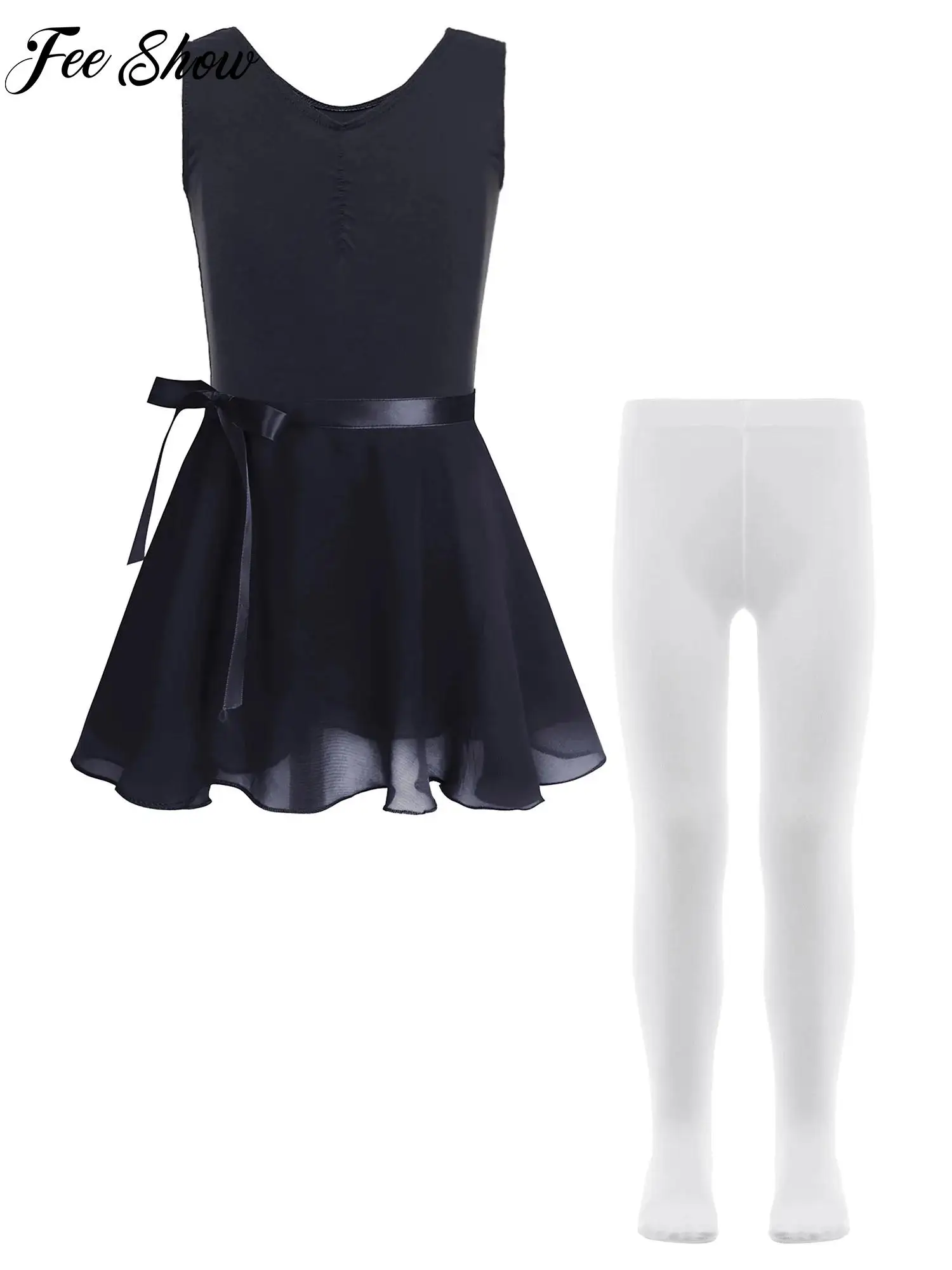 Black Ballet Dance Dress Kid Girl Sleeveless Gymnastics Leotard+Self-Tie Skirt+Pantyhose Stage Performance Lyrical Dance Costume