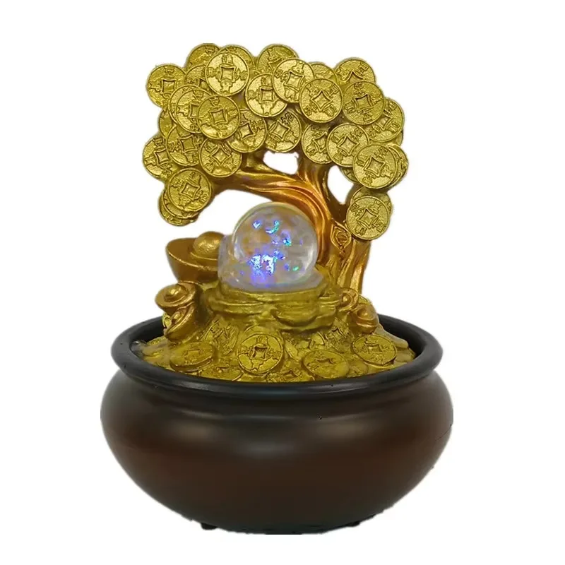 Gold Money Tree Water Fountain Office Feng Shui Decor With Humidifier And Transfer Ball For Desktop Living Room