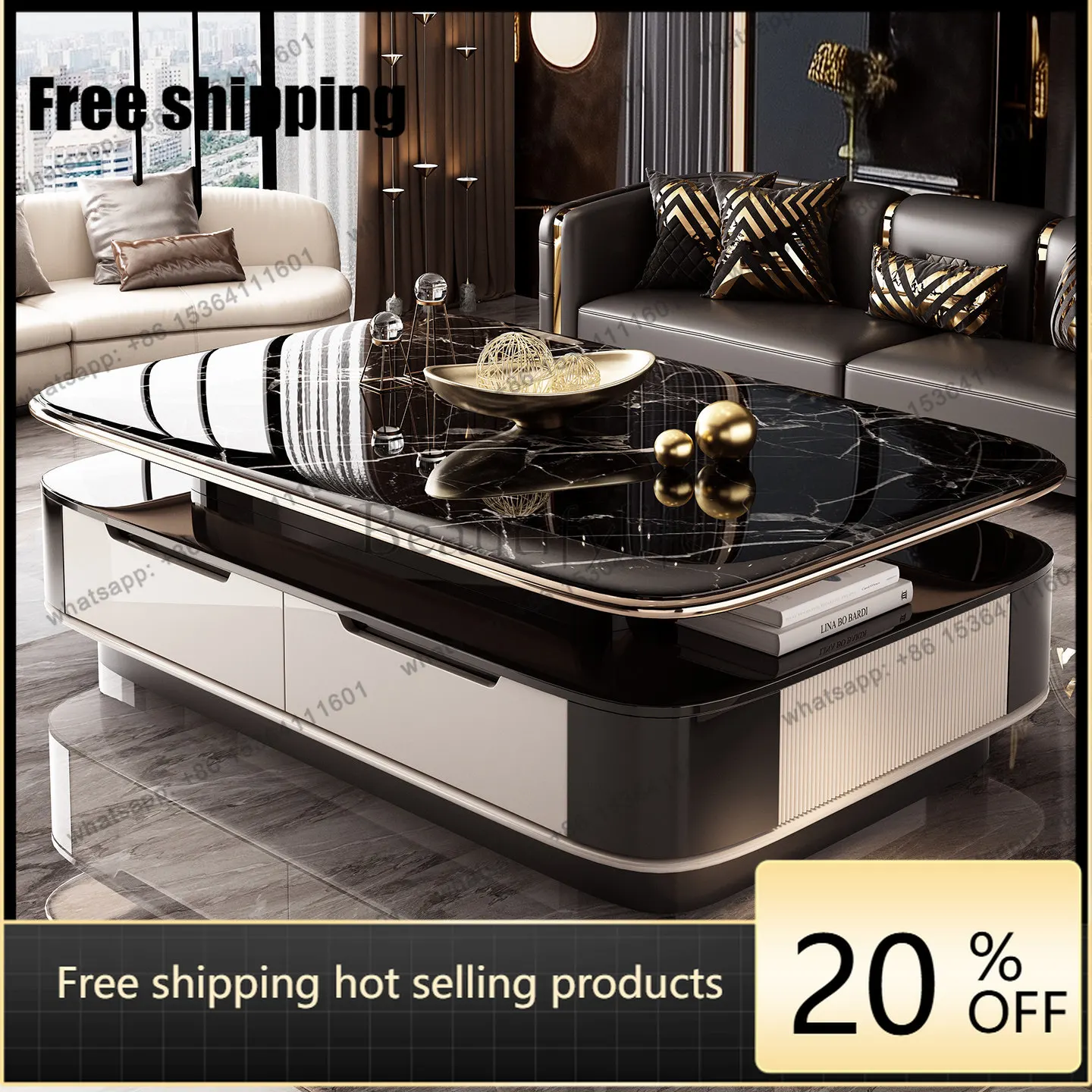 XX. Modern Black Microcrystalline Stone Double Storage Extended Tea Table Light Luxury 2026