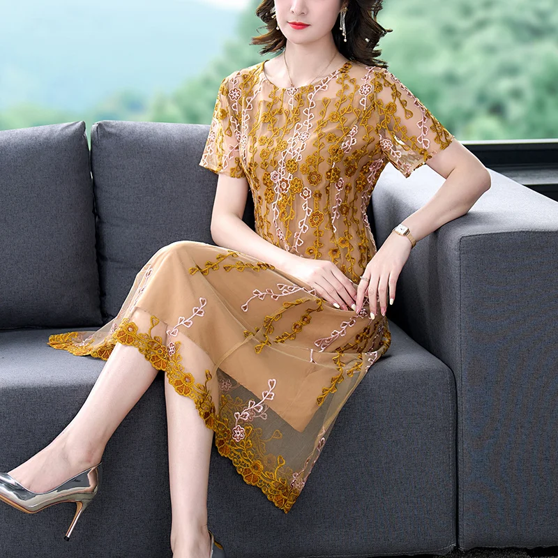 2023 New Fashion Mesh Embroidery Dress Women\'s Summer Vintage Round Neck Short Sleeve Loose Fit Casual Holiday Dress Vestidos