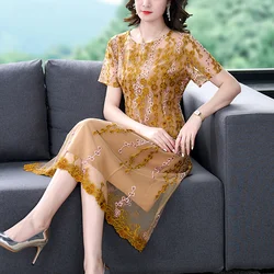 2023 New Fashion Mesh Embroidery Dress Women's Summer Vintage Round Neck Short Sleeve Loose Fit Casual Holiday Dress Vestidos