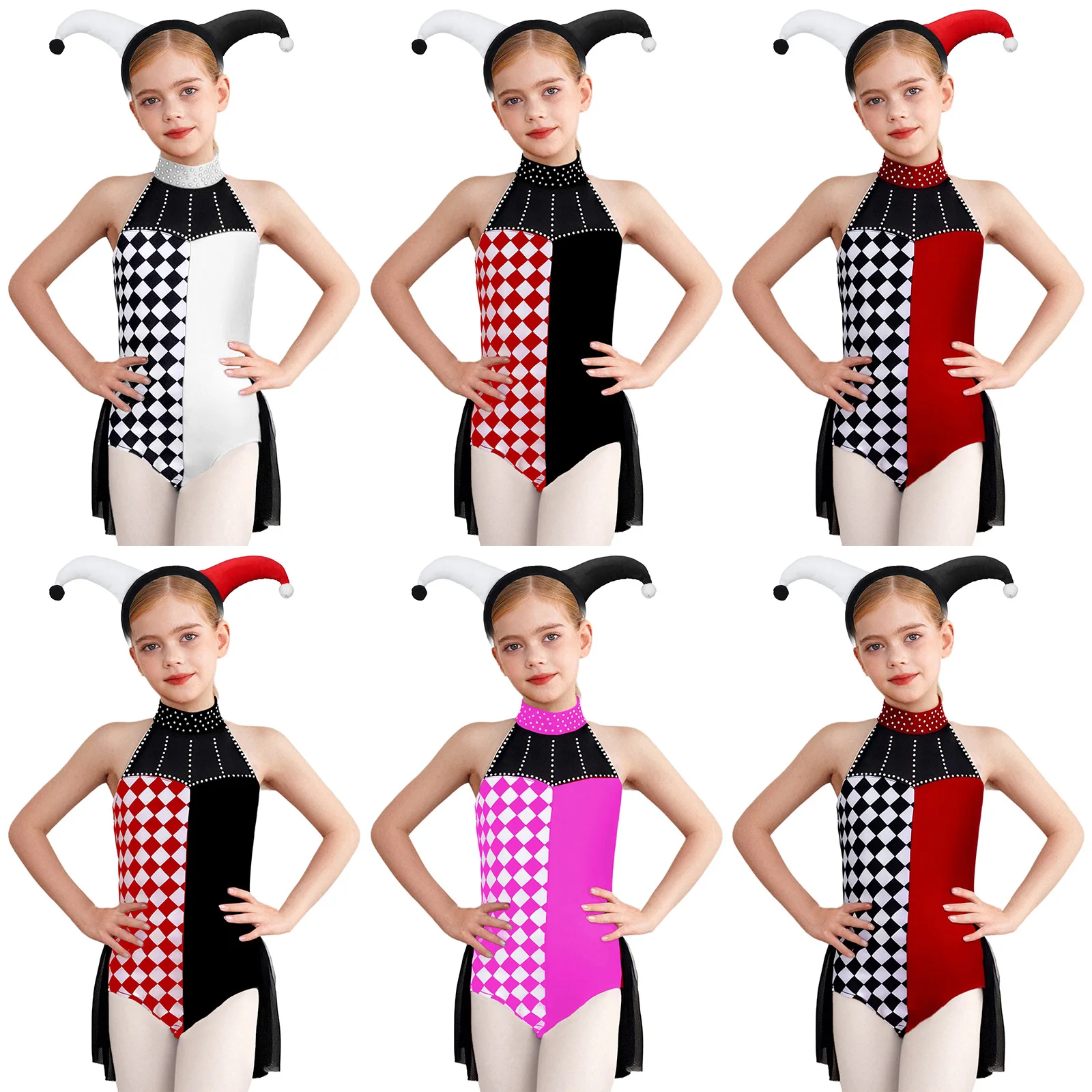 أطفال فتاة السيرك مهرج تأثيري أداء زي بلا أكمام شبكة حجر الراين فستان يوتار مع أغطية الرأس لكرنفال الهالوين