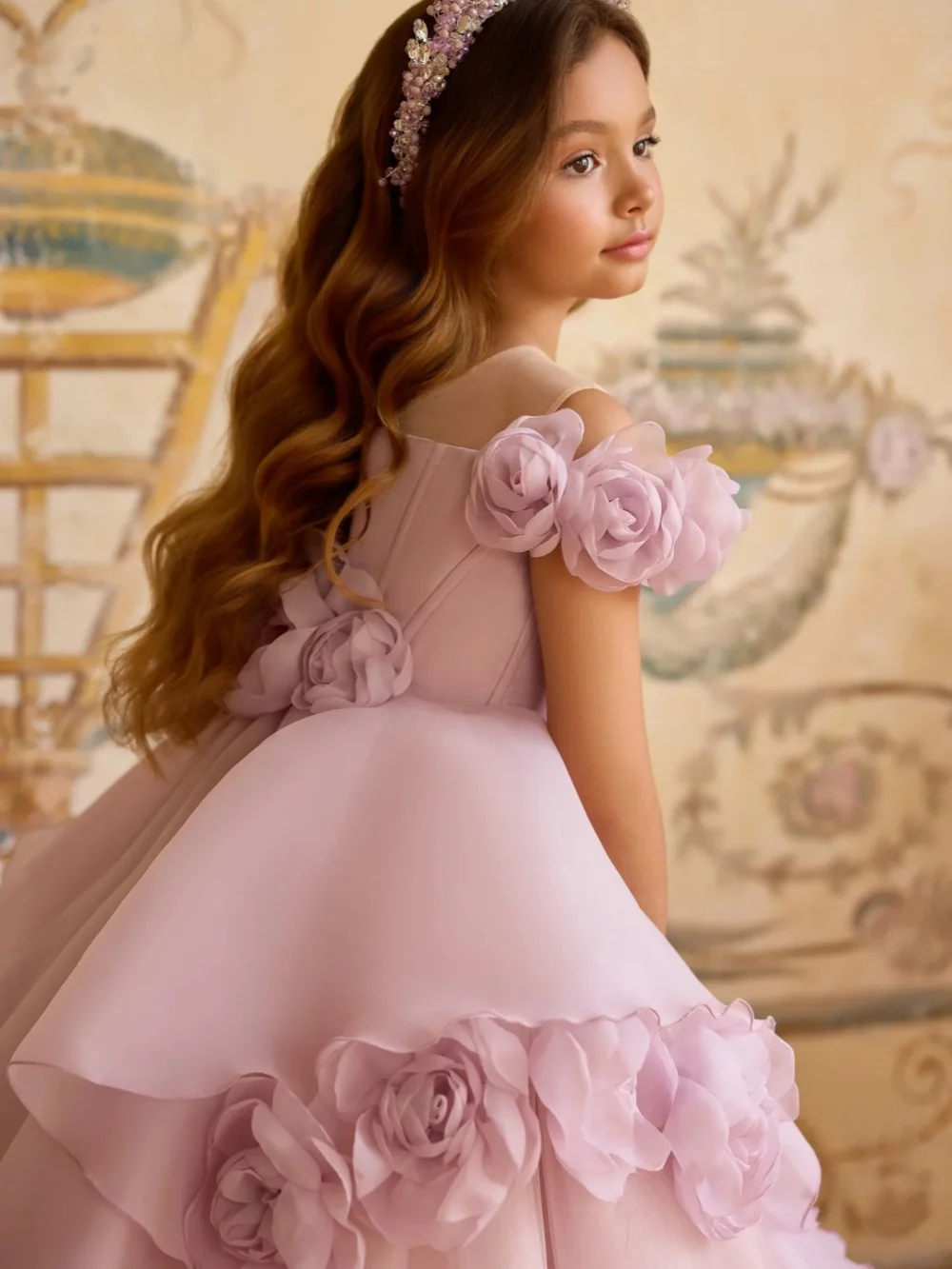 2026 Girls Lilac Princess Dress 3D Rose Off Shoulder Tulle Ball Gown Kids Party Wedding Flower Girl Pageant Formal Prom Dress view 4