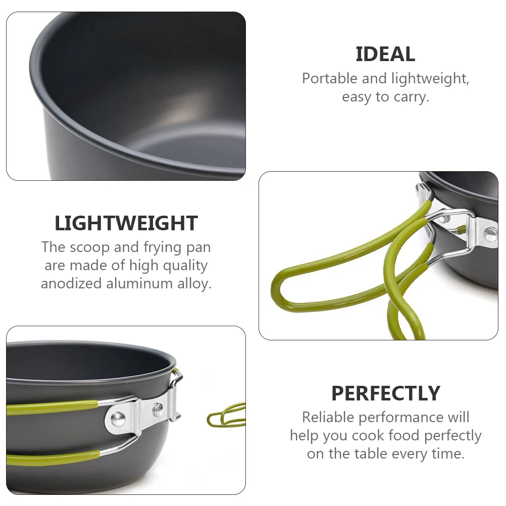 

1 Set Aluminium Alloy Cookware Lightweight Portable Camping Cooking Set Green Handle Outdoor Cookers Kit Backpacking Tableware