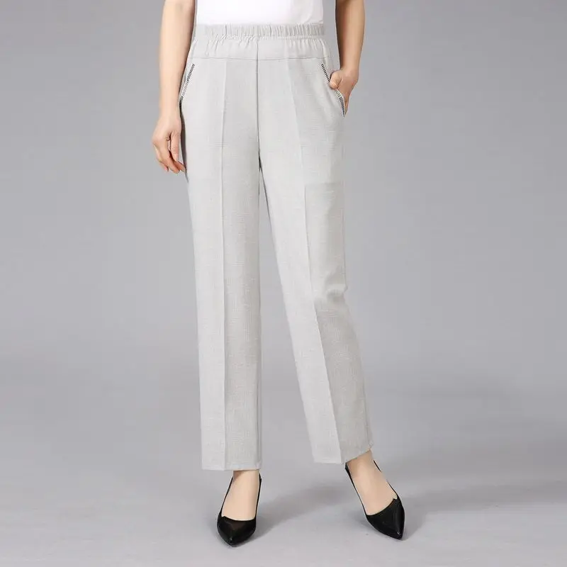 Temperament Summer Casual Women's Fashion Versatile Solid Color Cotton Hemp Pockets Elastic High Waist Loose Straight Crop Pants