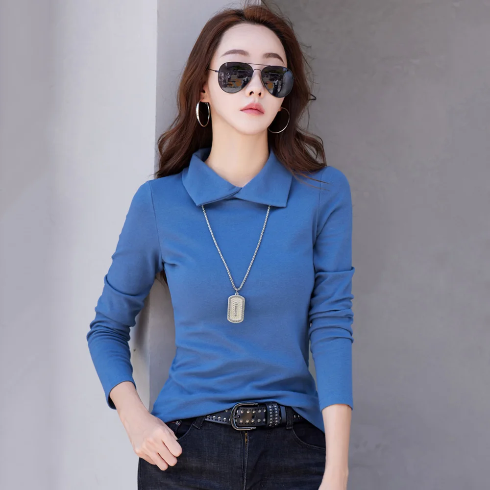 New Women Cotton Long Sleeve T-shirt Autumn Winter Fashion Cross Turn-down Collar Slim Bottoming Shirt Casual Basic Sanded Tops