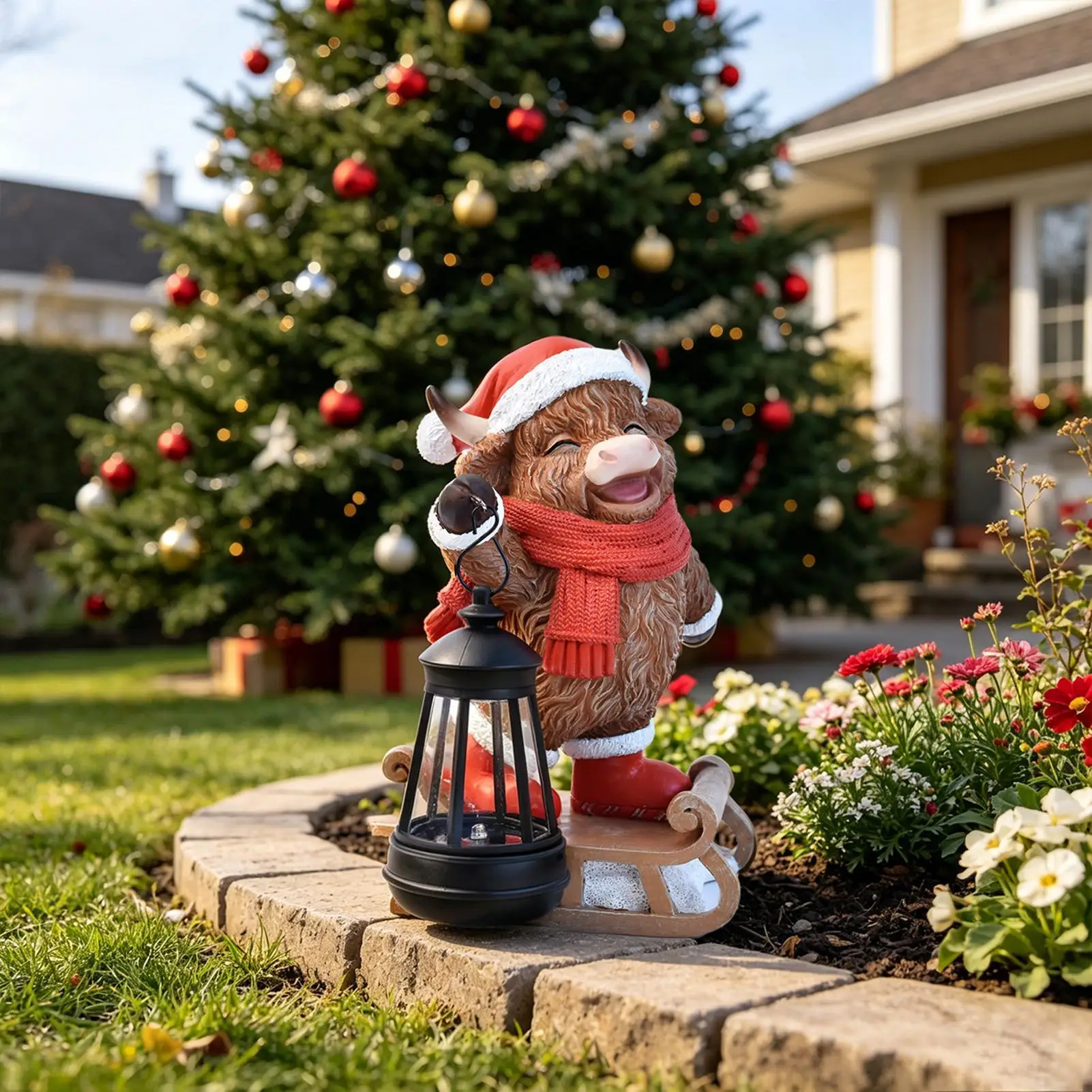 Cow Figurine Cute LED Lighted Solar-Powered Resin Decoration Christmas Outdoor Figurine Lights For Home Pathway Party Holiday