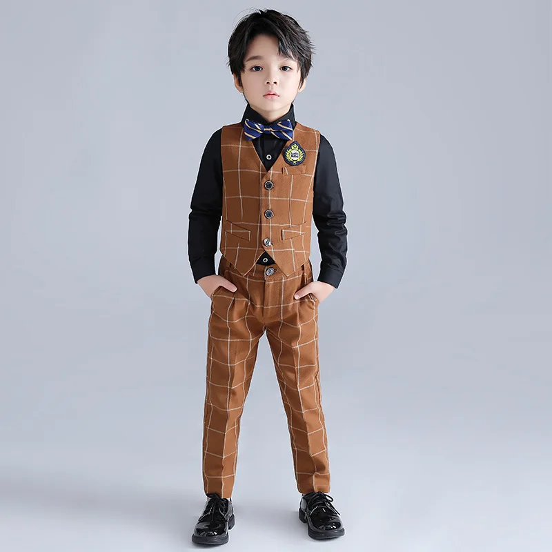 Boy Plaid Vest Tuxedos Kids Waistcoat Wedding Clothes Sets Toddler Formal Dress Suits Child School Uniform Baby Gentlemen Outfit