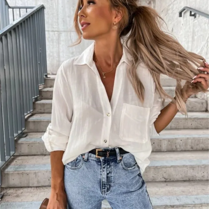 Women\'s New Summer And Autumn 2024 Fashion Autumn Solid Color Sleeveless V-neck Button Up Lapel Pocket Shirt Women\'s Clothing