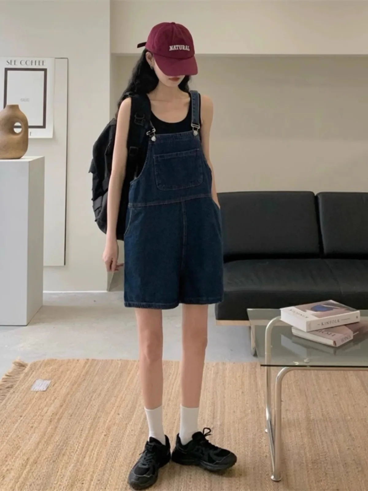 

Retro High Waist Overalls Shorts Women's Summer Loose Fit Wide Leg Straight Cut Five-Point Jeans Casual Blue Denim Shorts