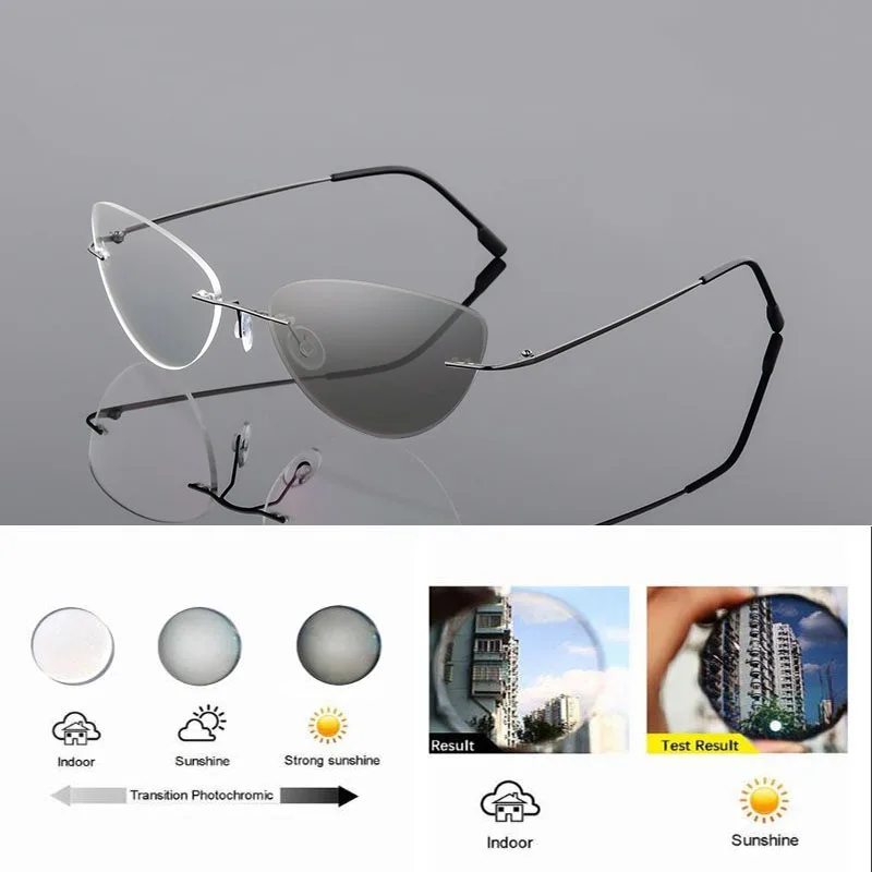 Randlose Memory Titan Legierung Photochrome Lesebrille Frauen Cat Eye Rezept Presbyopie Brillen Klare Verfärben Gläser – Detail 7