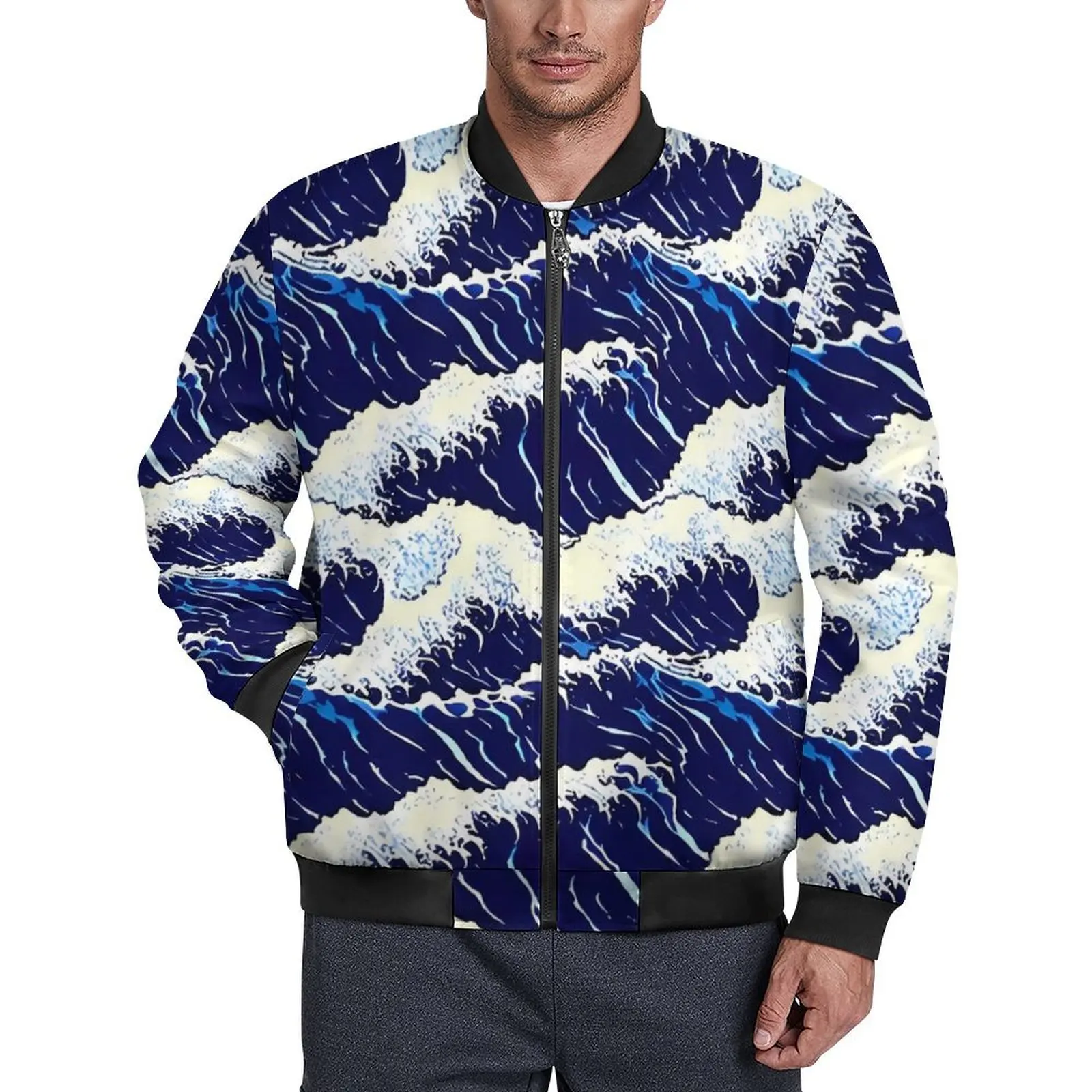 

Винтажные синие волнистые японские повседневные куртки, водонепроницаемые ветрозащитные мужские пальто с рисунком, осенняя уличная одежда, свободная куртка больших размеров