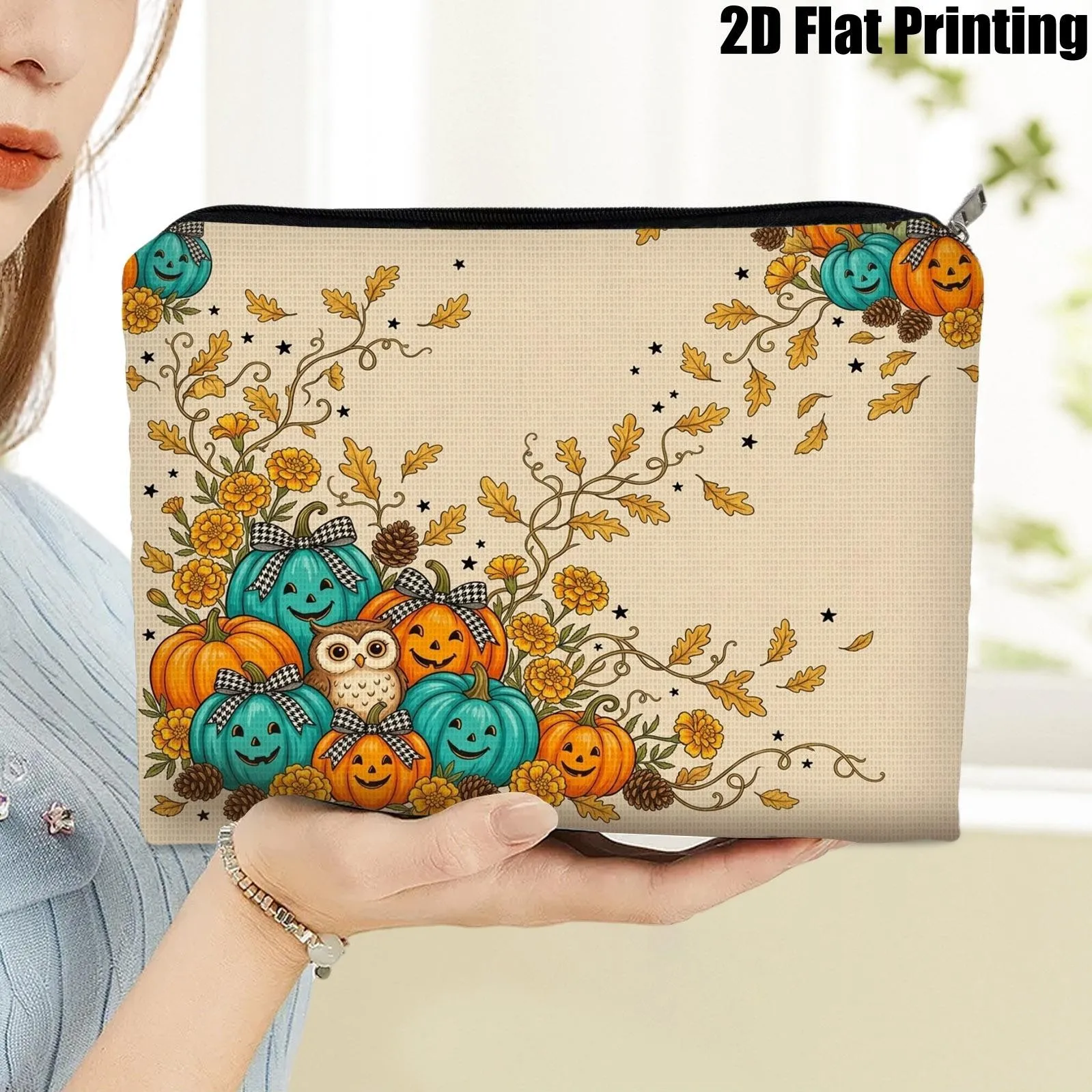 Halloween Pumpkin Owl Maple Leaf Print Makeup Bag Cosmetic Pouch Portable Travel Toiletry Bag Fall Thanksgiving Gift for Women