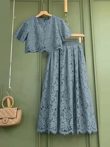 ZANZEA Plus Size Elegant Lace Patchwork 2 Pieces Sets Short Sleeve Crop Tops & A-line Long Skirts 2pcs Suits Summer Skirt Sets