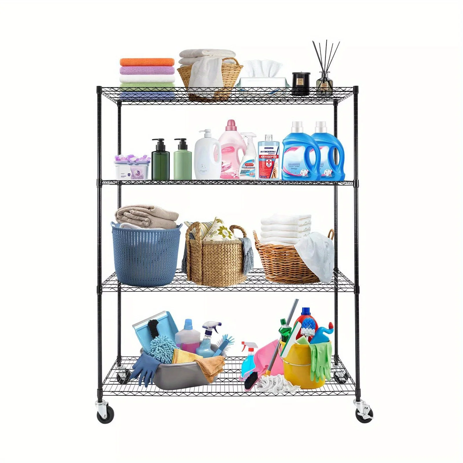 رف خط قابل للتعديل بأربع طبقات مع عجلات، رف تخزين من الفولاذ الكربوني الأسود شديد التحمل، مناسب لمطابخ المرآب