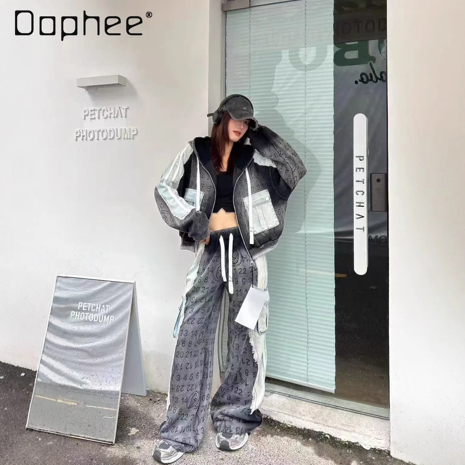 

European Style Women's Hoodie Jacket 2026 Spring New Heavy Letter Print Patchwork Washed Denim Striped Hooded Jacket Trendy Coat