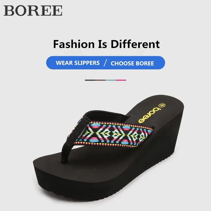 

BOREE 2024 Summer Woman Slippers Casual Beach Outdoor Home High Heels Platform Female Shoes Flip-Flops Shoes femme pantoufles