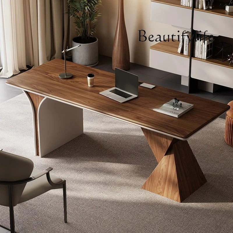 

Walnut color Italian minimalist light luxury modern solid wood desk study home premium desk