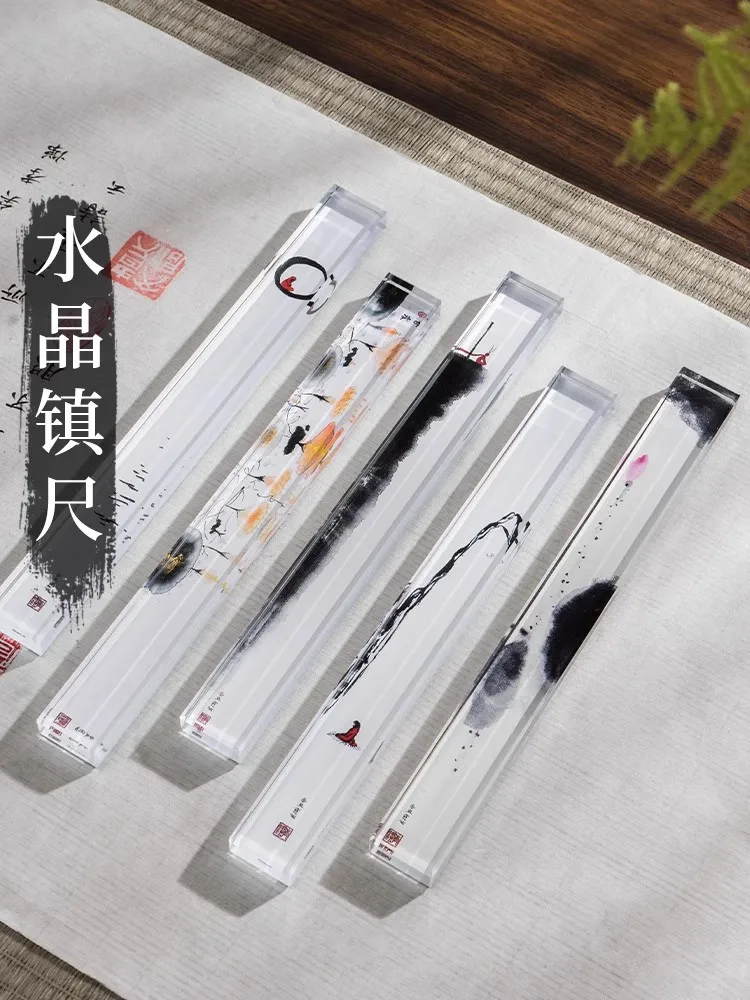 1PCS Glass Paperweight with Pattern, Transparent Calligraphy Scroll Press, Modern Office Desk Decor 22.4x2.5x1.2 cm
