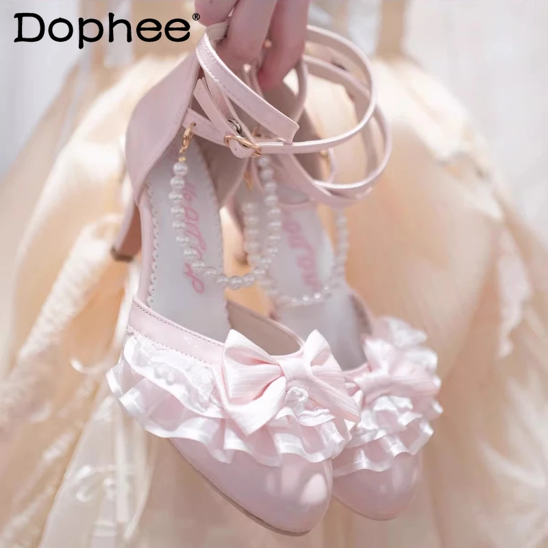 

Ladies Pink Wedding High Heels Autumn New Women's Sweet Elegant Bowknot Pearl Lolita High Heels Princess Birthday Party Pumps