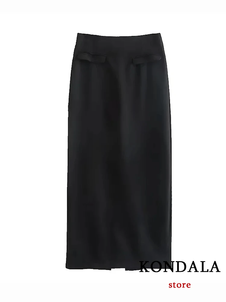 KONDALA Chic Solid Black Office Lady Women Suits Sleeveless Button Vest Blazer Long Sheath Zip Skirts Fashion 2023 Spring Suits