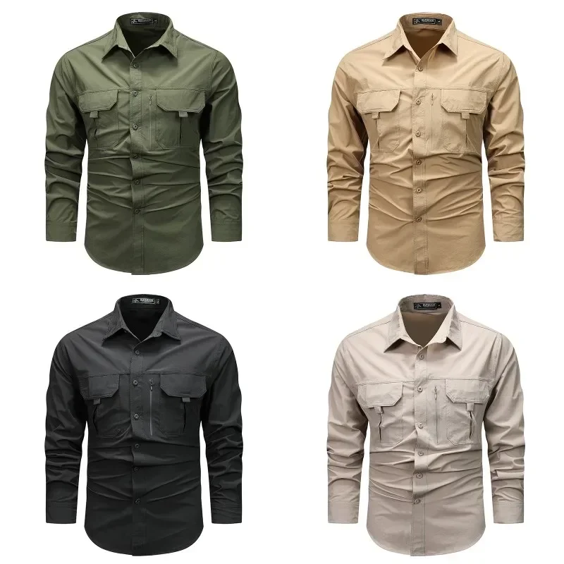 Camisas de manga larga para hombre, camisa de trabajo táctica para exteriores, secado rápido, con múltiples bolsillos, informal, para acampar y senderismo, primavera y otoño