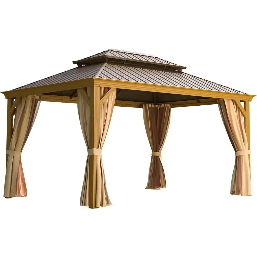 10'x12' Hardtop Gazebo, Wooden Finish Coated Aluminum Frame Gazebo with Galvanized Steel Roof, Outdoor Metal Gazebos