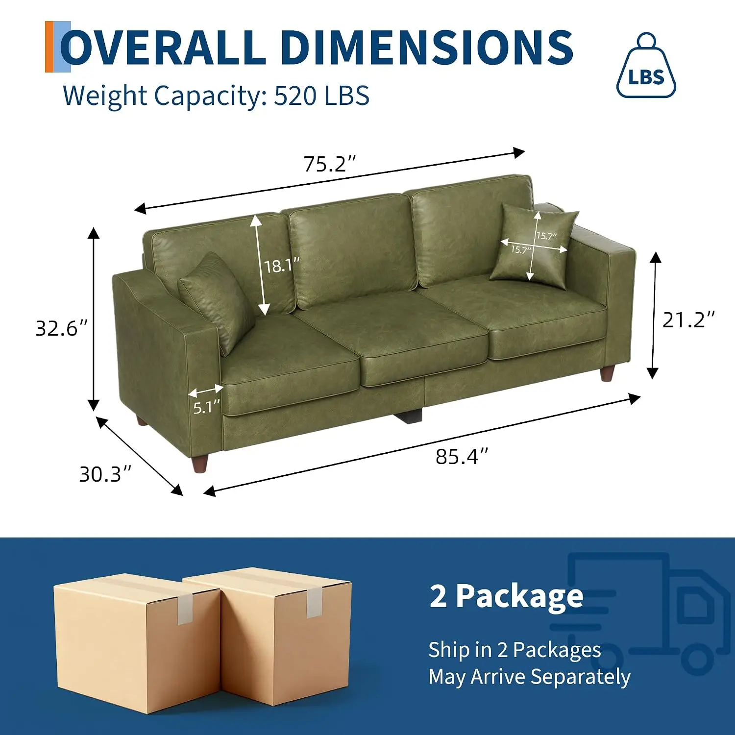 3 Seater Faux Leather Sofa With 2 Throw Pillows, Olive Green, Customized