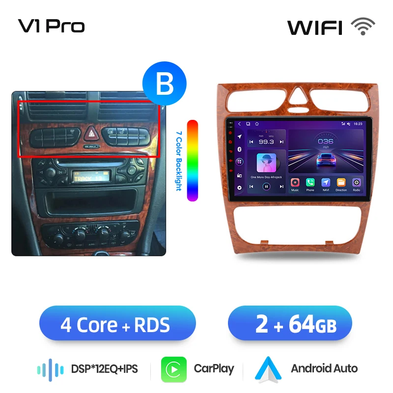 Junsun draadloze CarPlay Android Auto autoradio voor Mercedes-Benz C-Klasse (W203) / CLK-Klasse (C209/A209) 2000-2009 met ingebouwde koelventilator, Android GPS navigatie, multimediaspeler, WiFi, DSP,
