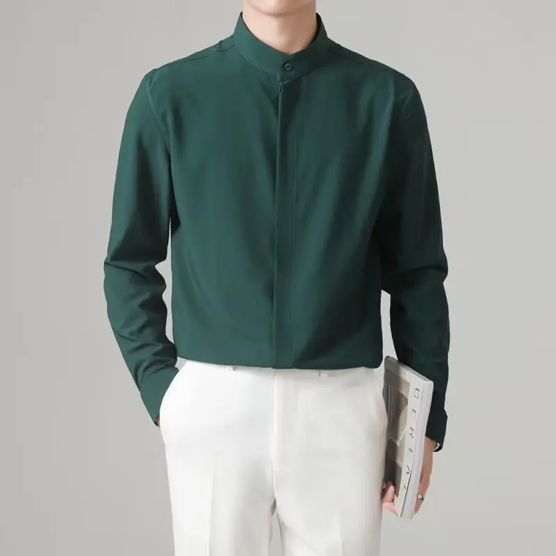 قمصان كاملة الأكمام للرجل فستان رسمي Camisa Social Masculina Luxo 2025 قميص رجالي أنيق بياقة واقفة قميص عمل اجتماعي للأعمال