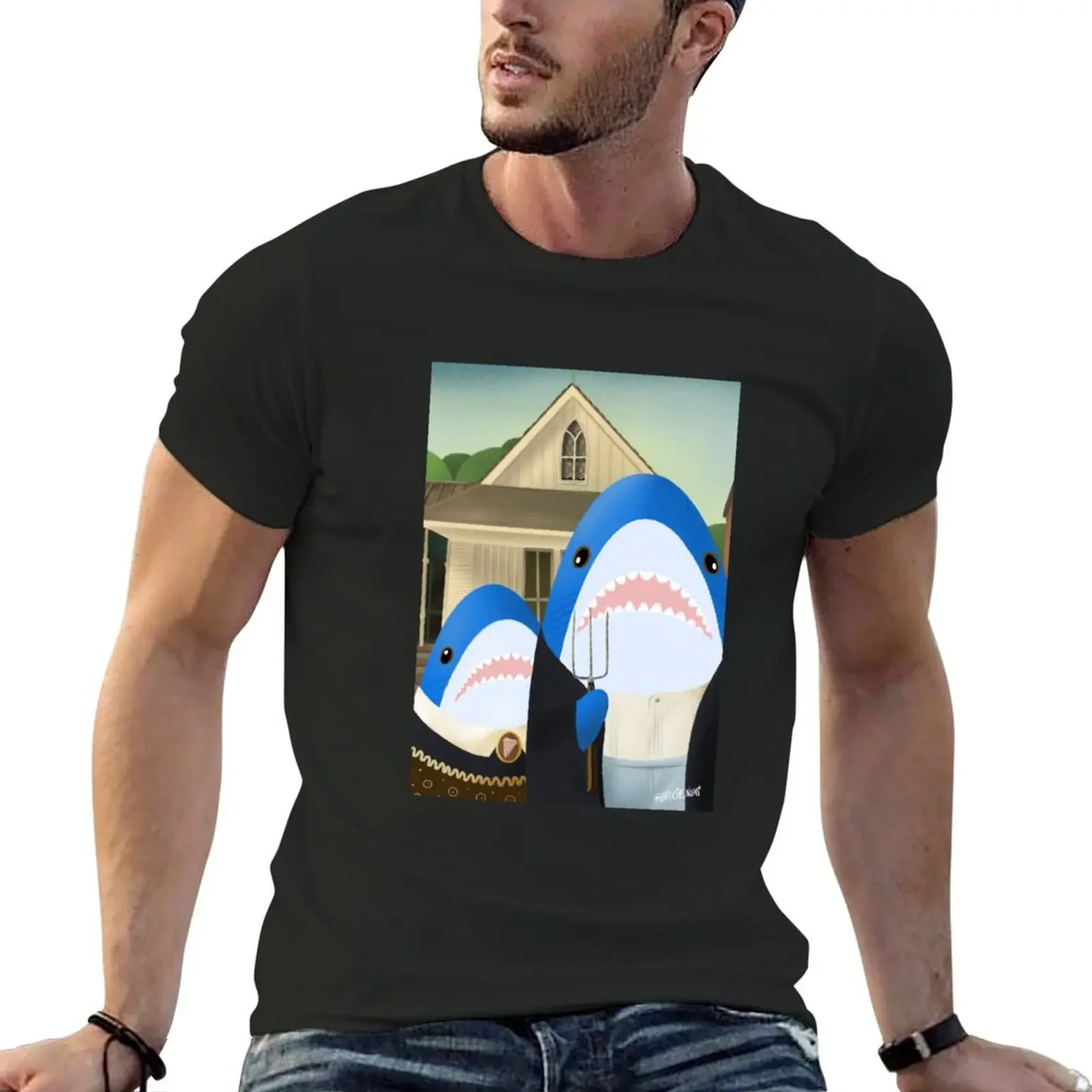 American Gothic: blahaj/shark edition T-Shirt summer tops graphic t shirts animal prinfor boys mens champion t shirts