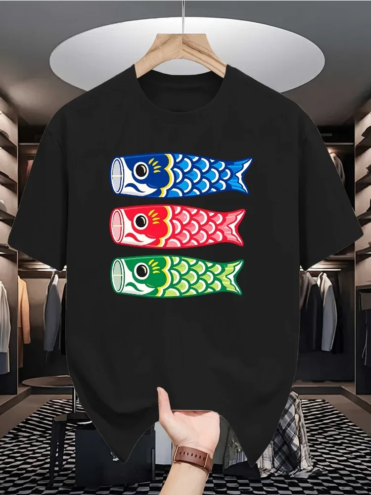 Men Summer Short Sleeve T Shirt Japanese Koi Fish Print Casual Fashion Loose Crew Neck Tee Streetwear Daily Basic Top