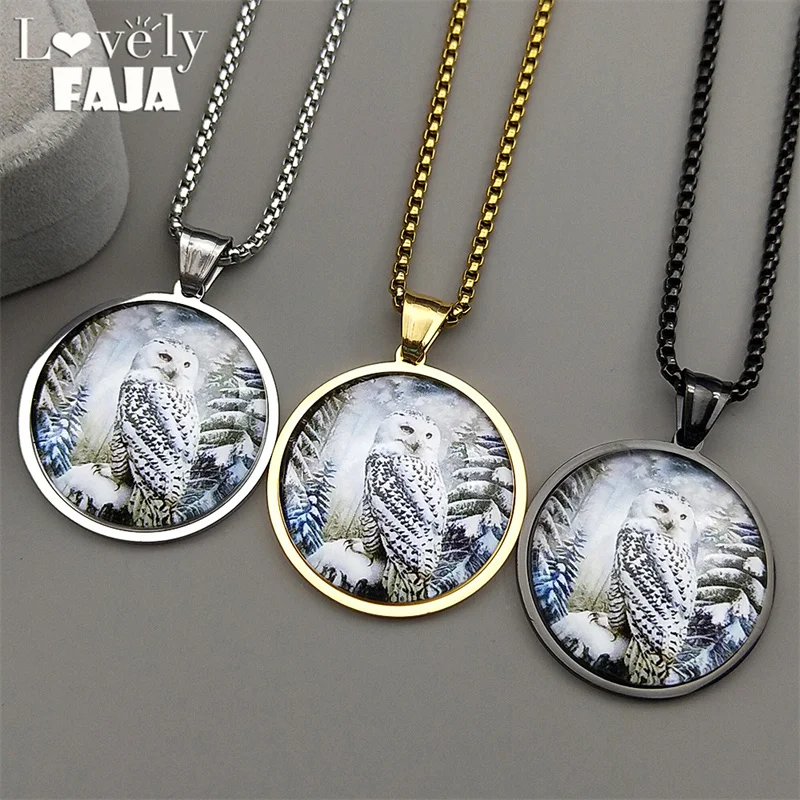 Mysterious Snowy Owl Round Glass Medal Pendant Necklace For Women Men Stainless Steel Gold Color Photo Animal Chain Jewelry