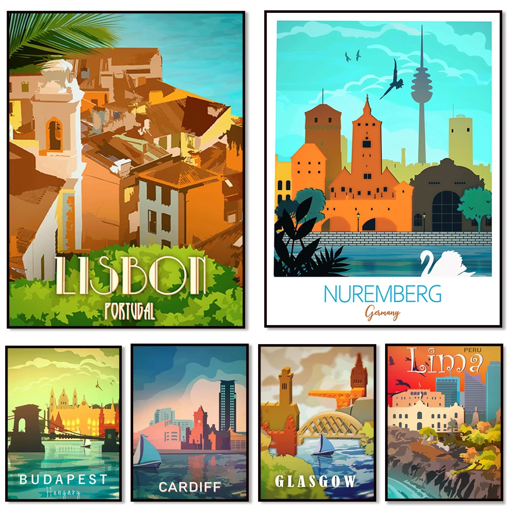 Travel posters with skylines of Toronto, Lisbon, Lima Peru, Leeds, Budapest, Dublin Ireland, Cardiff Wales UK, Venice, Nuremberg