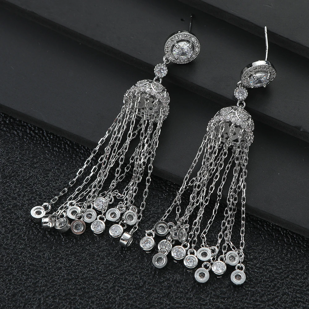 여성을위한 긴 기하학 라운드 긴 술 귀걸이 웨딩 큐빅  - Women Accessories Dubai 리뷰 및 가격