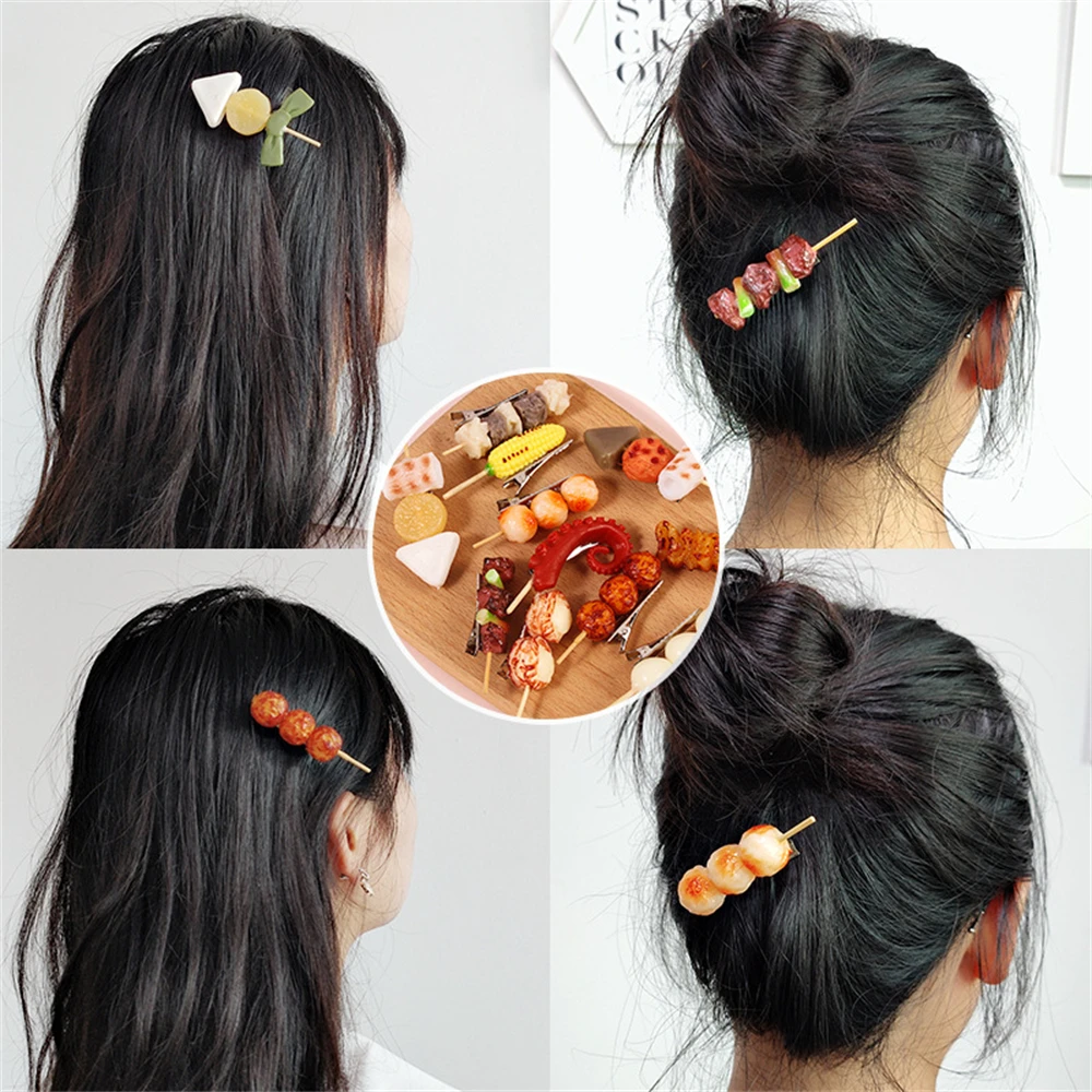 Simulated Food BBQ Hairpins for Women Girls Bangs Side Hair Clips Accessories Barrette Makeup Fringe Duckbill Clip Headdress