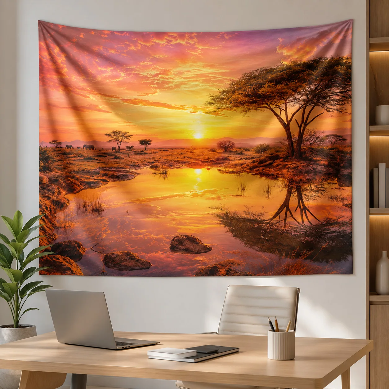 African Sunset Savanna Tapestry Acacia Tree Lake Landscape Wall Hanging Nature Wall Decor for Bedroom Living Room Dorm