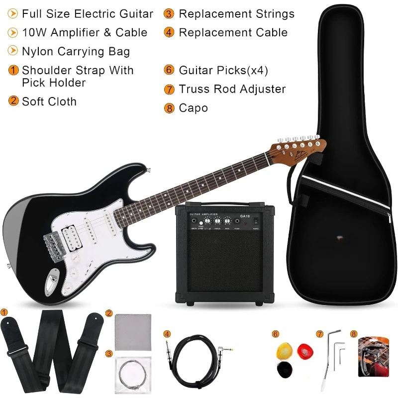 Electric Guitar 39 inch Full Beginner Starter kit Full Size with 10w Amp, Package All Accessories, Strings,  Tremolo Bar