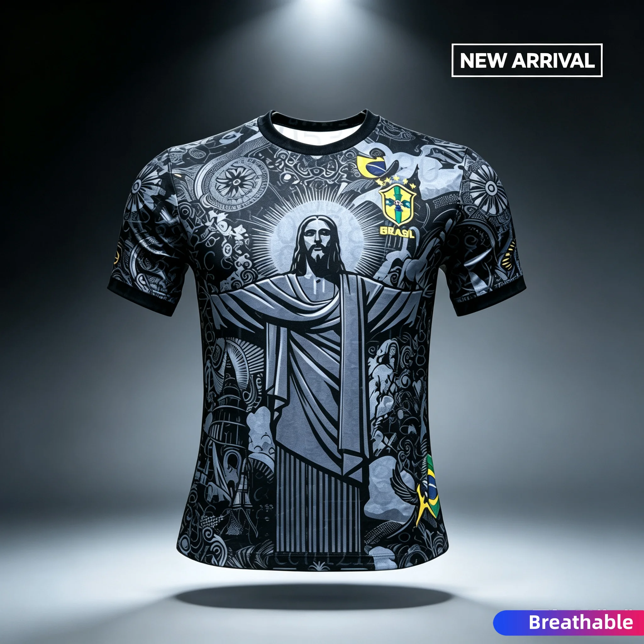 2026 Neue Brasilianische Fußball-Trainingsuniform, Modische Sonderedition Jesus Schwarz-Grau, Bequemes Schnelltrocknendes Oberteil - Eltern-Kind