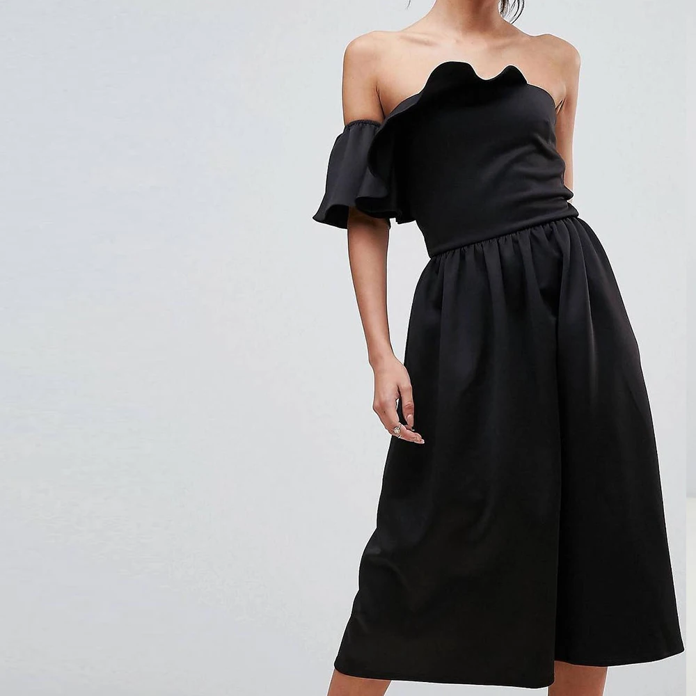 

One Shoulder Black Straight Tea Length Evening Dress Simple Jersey Short Sleeves Pleats Saudi Arabia Bespoke Occasion Gowns