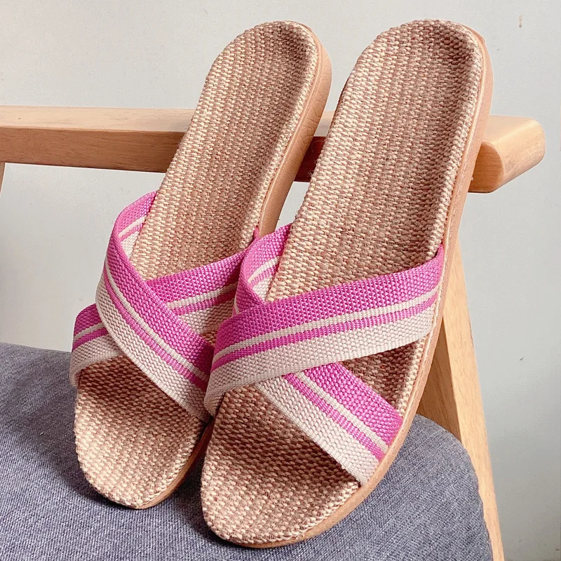 Men Flat Indoor Slippers Home Shoes Lightweight Linen Couple Lightweight Indoor Slides Beach Slippers Outdoor Zapatos Hombre ﻿