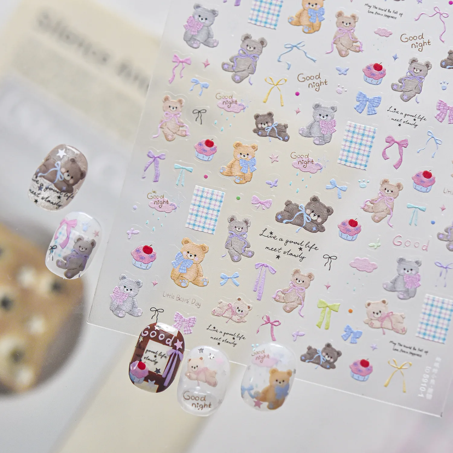 Kawaii 5D Light Color Cartoon Bear Nail Art Stickers Bow Cake Plaid Cloud Self‑Adhesive Nail Decals DIY Nail Decor Accessories
