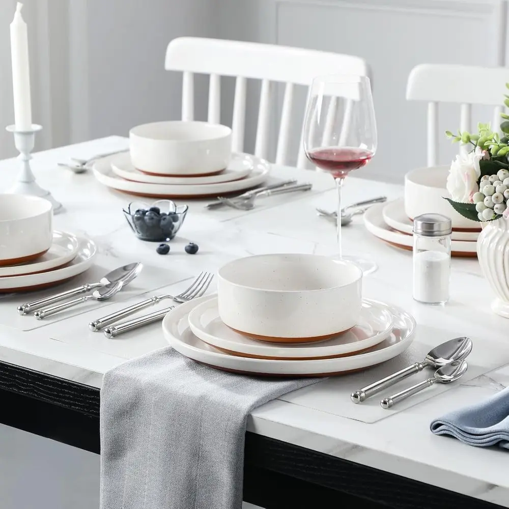 Modern Stoneware 12-Piece Dinnerware Set, Microwave & Dishwasher Safe, White TARA Series for 4