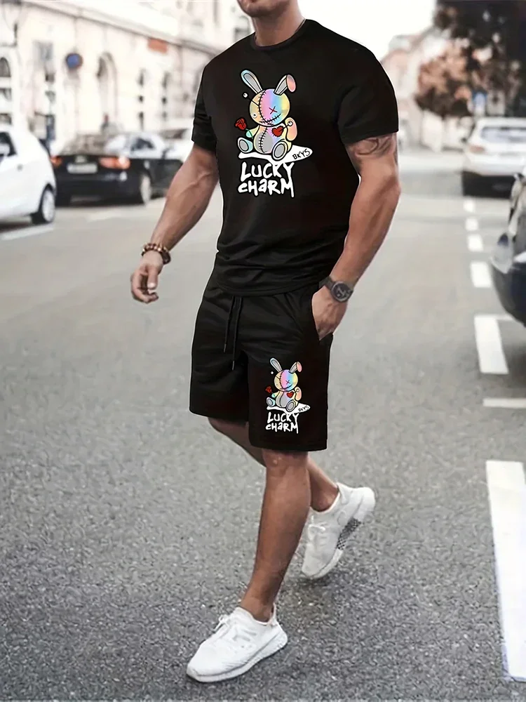 Men\'s Summer Daily Casual Short Sleeve Shorts Set Cartoon Bunny Doll and Lucky Charm Printed T-Shirt Shorts Set Home Pajamas Set